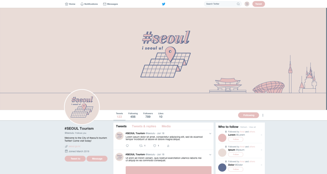 graphic design mockup of social media graphic Seoul tourism Twitter layout cover header icon profile