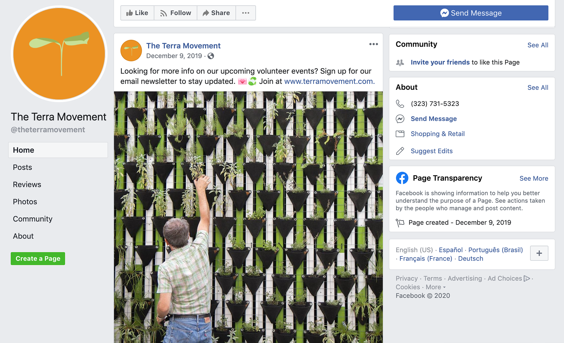 Screenshot of social media design digital marketing Facebook Page The Terra Movement