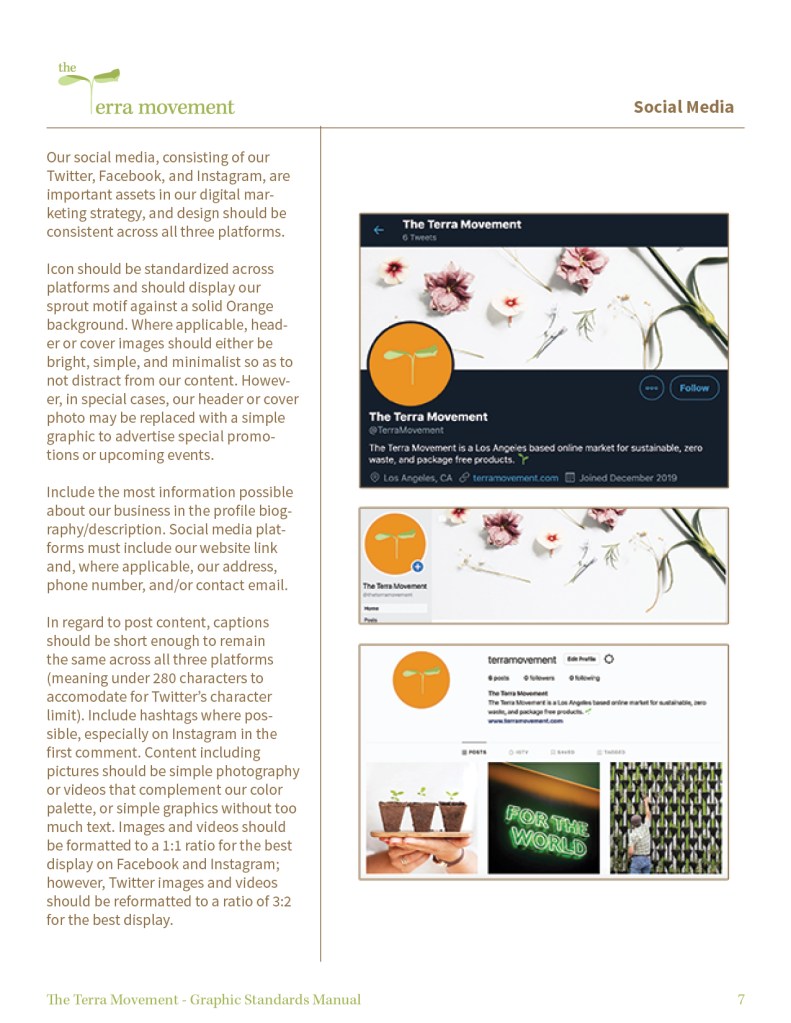 Graphic design print design mockup of The Terra Movement Graphic Standards Manual Social Media Twitter Facebook Page Instagram Profile