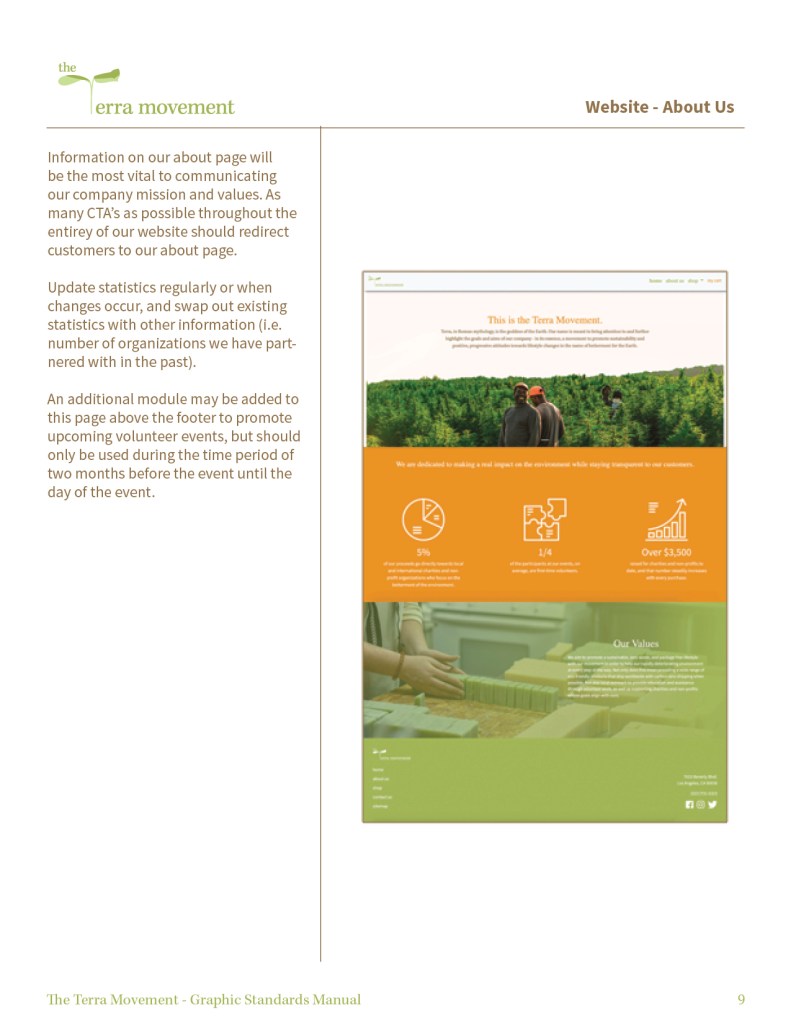 Graphic design print design mockup of The Terra Movement Graphic Standards Manual Website About Us