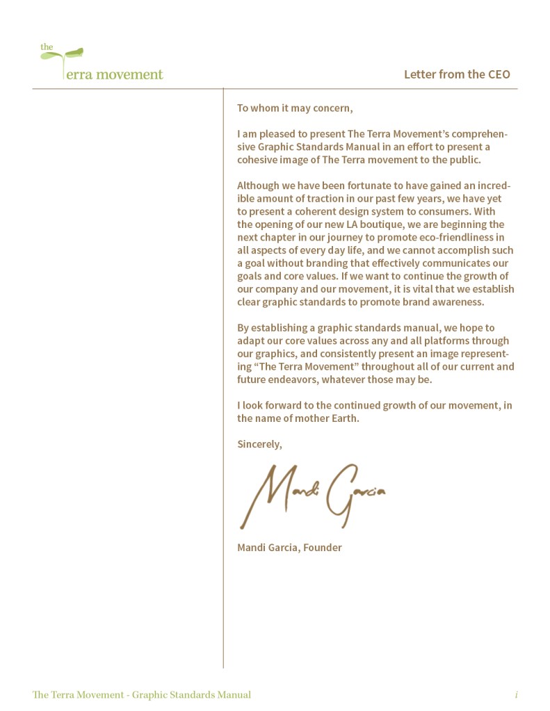 Graphic design print design mockup of The Terra Movement Graphic Standards Manual Letter from CEO