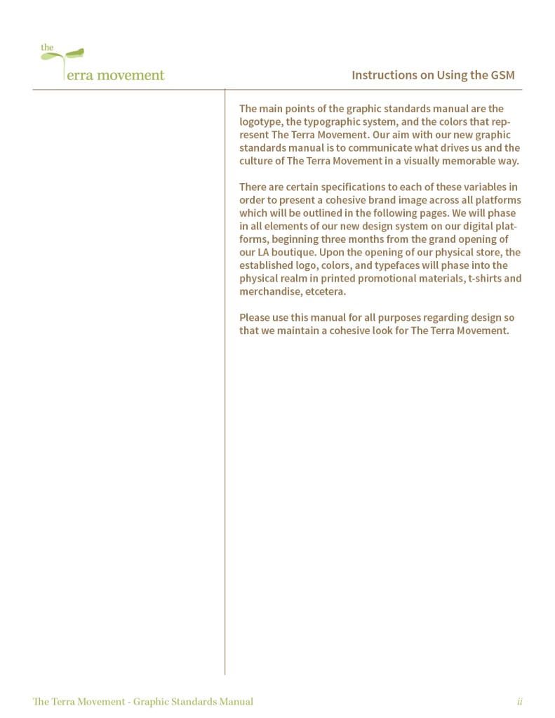 Graphic design print design mockup of The Terra Movement Graphic Standards Manual Usage Guidelines