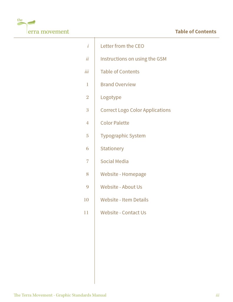Graphic design print design mockup of The Terra Movement Graphic Standards Manual Table of Contents