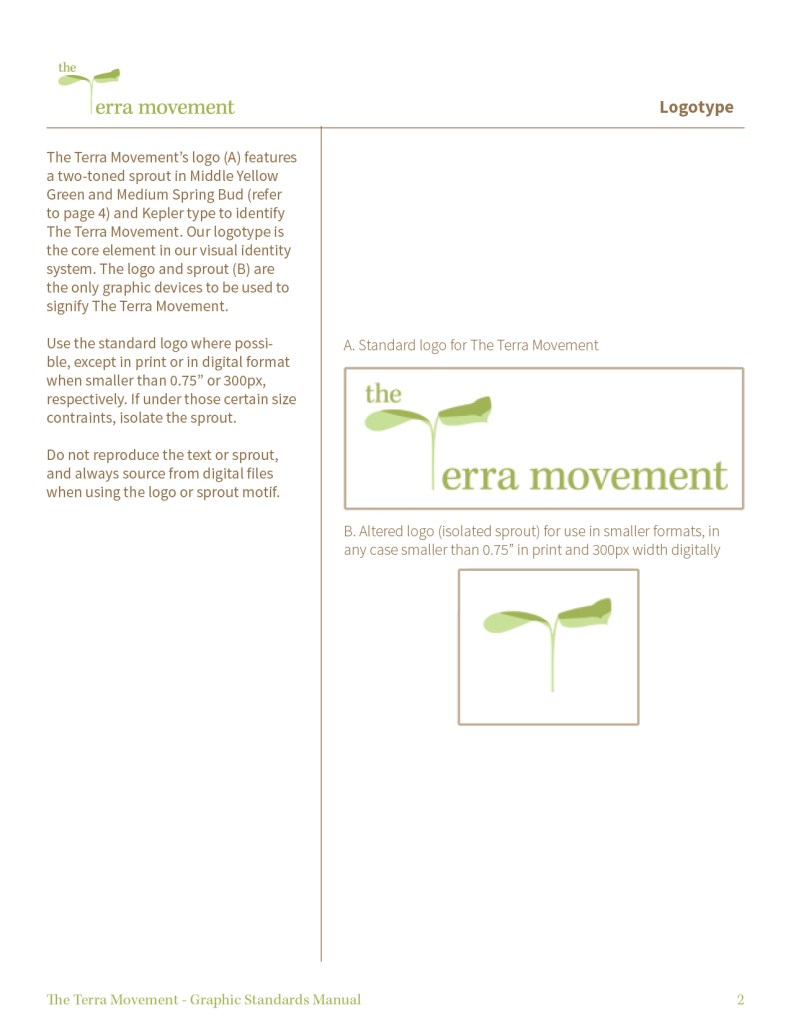 Graphic design print design mockup of The Terra Movement Graphic Standards Manual Logo Logotype