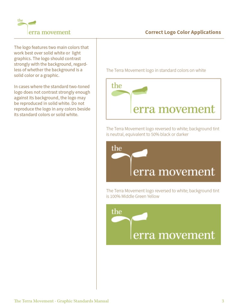 Graphic design print design mockup of The Terra Movement Graphic Standards Manual Correct Logo Color Applications