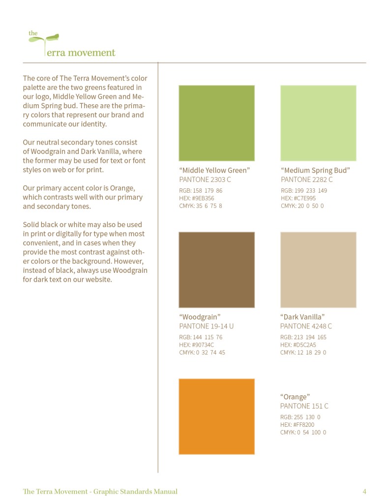 Graphic design print design mockup of The Terra Movement Graphic Standards Manual Color Palette Color Applications
