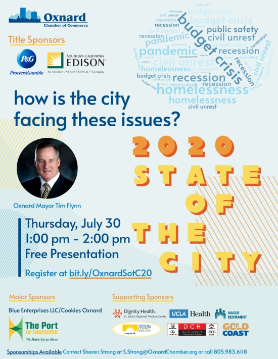 Graphic design print design 2020 Oxnard State of the City promotional flyer Oxnard Chamber of Commerce